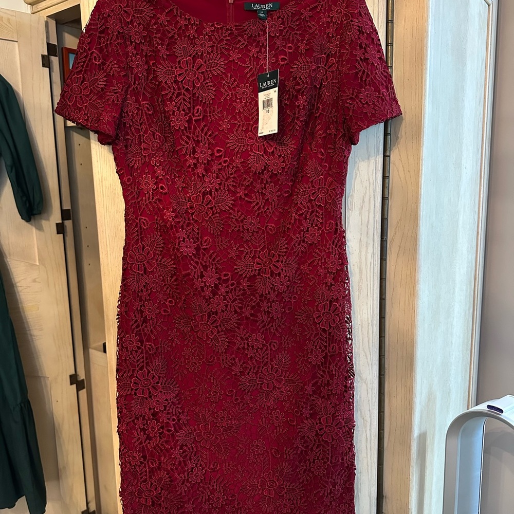 Ralph Lauren Red Sheath Midi Dress with Crew Neck